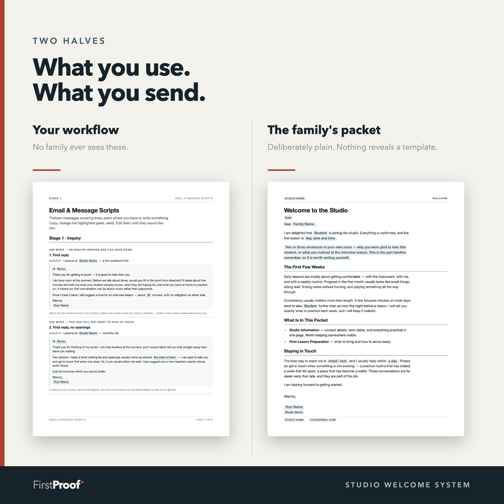 Two printed documents shown large, side by side and separated by a rule. On the left, a page of email scripts labelled Your workflow. On the right, a welcome letter labelled The family's packet.