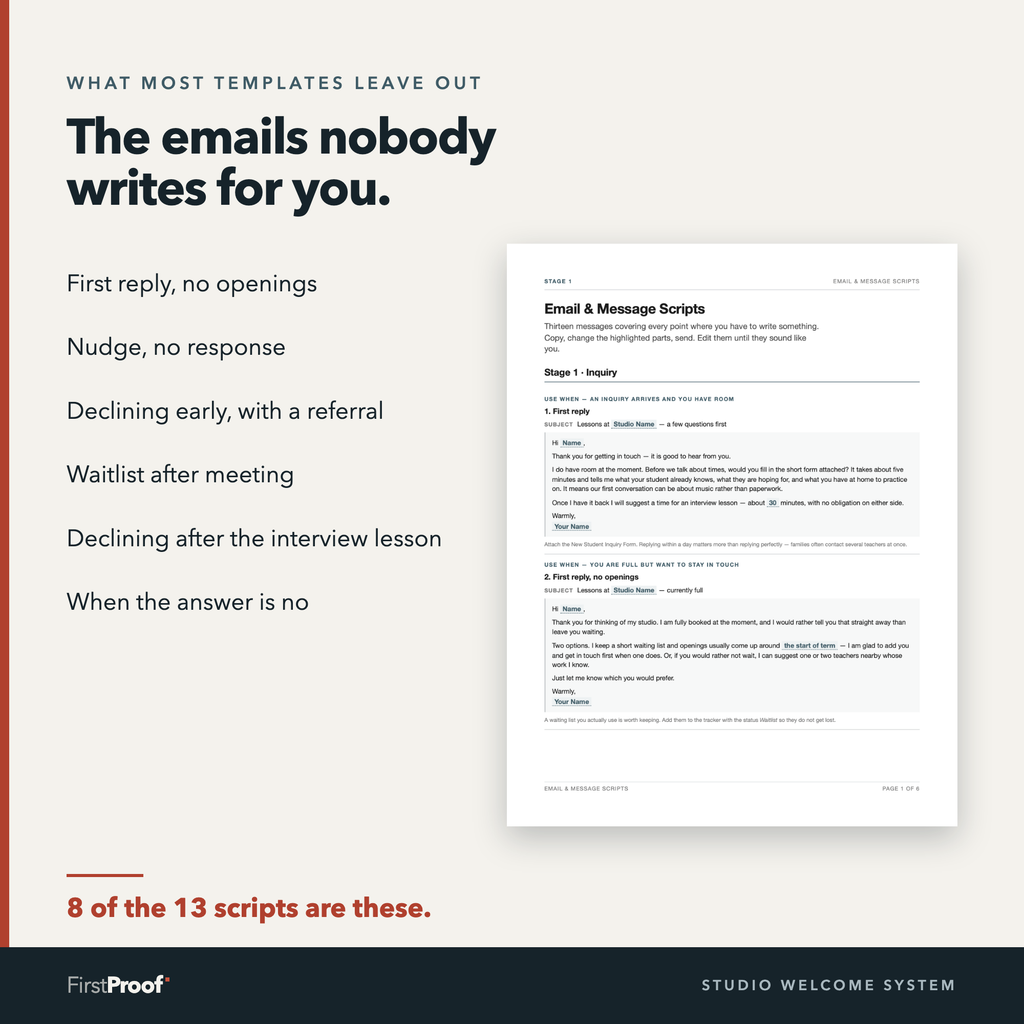A list of six real script names — first reply no openings, nudge no response, declining early with a referral, waitlist after meeting, declining after the interview lesson, when the answer is no — beside a printed page of the email scripts.