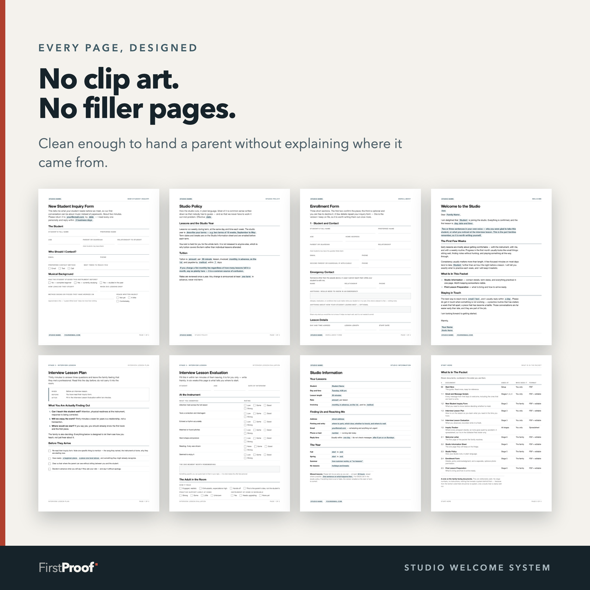 Eight printed pages arranged in a grid: an inquiry form, a studio policy, an enrollment form, a welcome letter, an interview lesson plan, an evaluation sheet, an information sheet and a contents page.