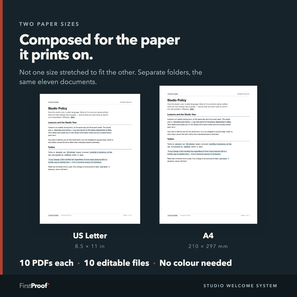 On a dark background, the same studio policy document shown twice: once at US Letter and once at A4. The A4 sheet is visibly taller and narrower, and its text breaks in different places.