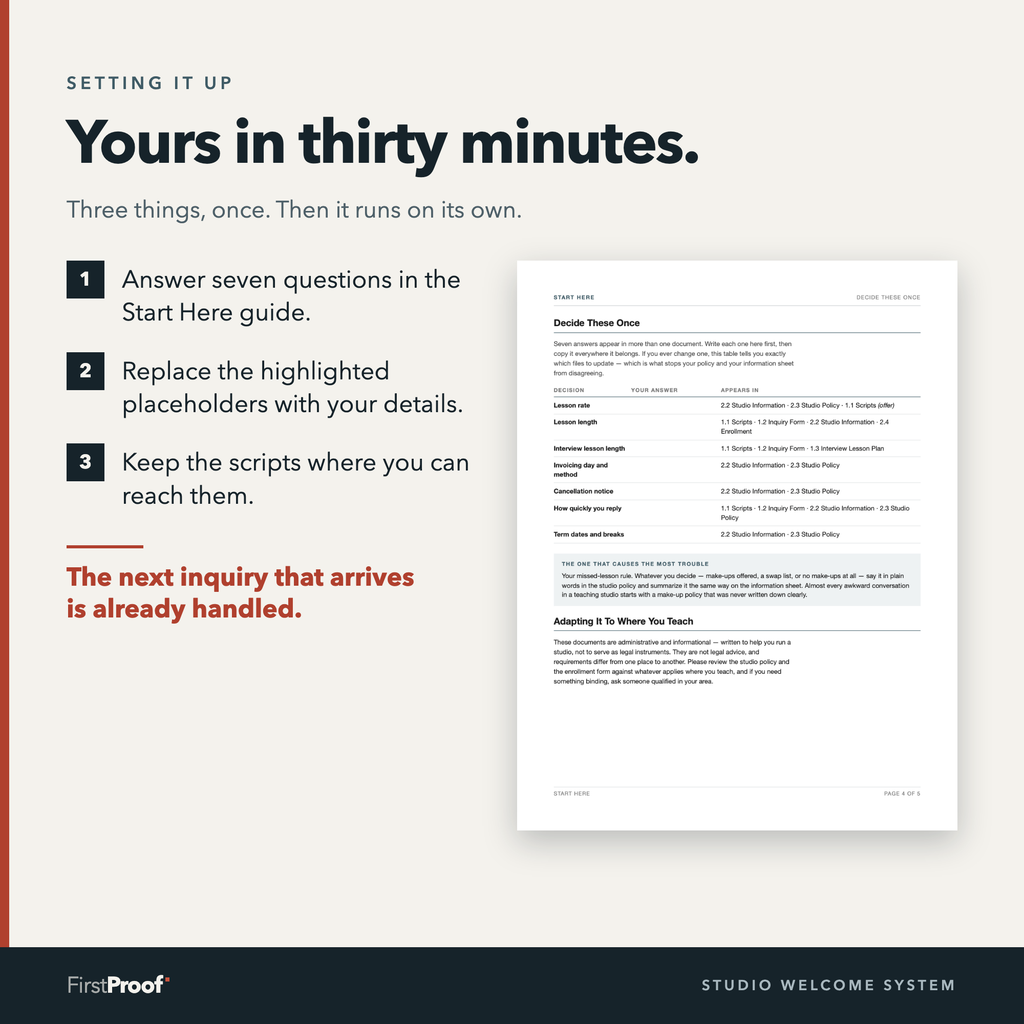 Three numbered setup steps beside a printed page headed Decide These Once, a table of seven decisions — lesson rate, lesson length, cancellation notice — and which documents each one appears in.