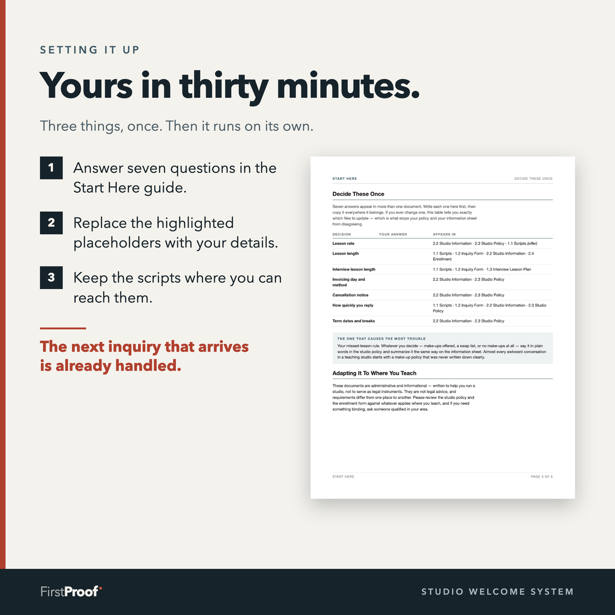 Three numbered setup steps beside a printed page headed Decide These Once, a table of seven decisions — lesson rate, lesson length, cancellation notice — and which documents each one appears in.